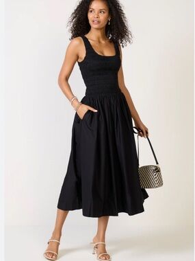 Pistola Alessia Smocked Midi Dress in Noir Black New!